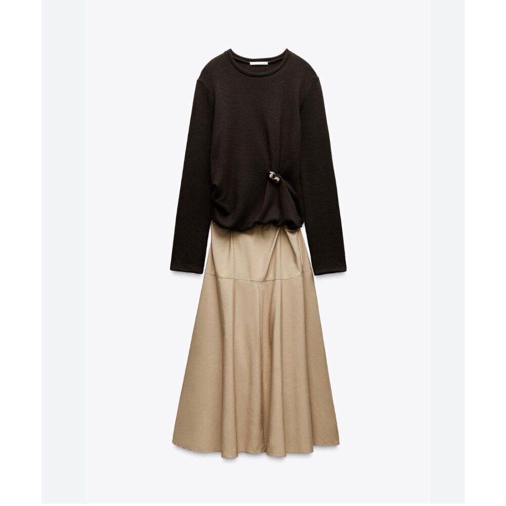 Zara Womens Dress Medium Beige Brown Maxi Combination Brooch 0264/161 NWoT